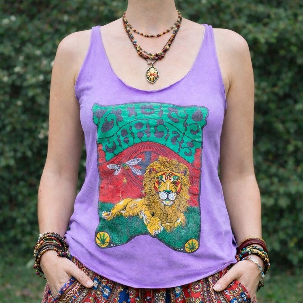 Ziggy Marley Graphic Tank Top Purple Lion Print Reggae Retro Hippie